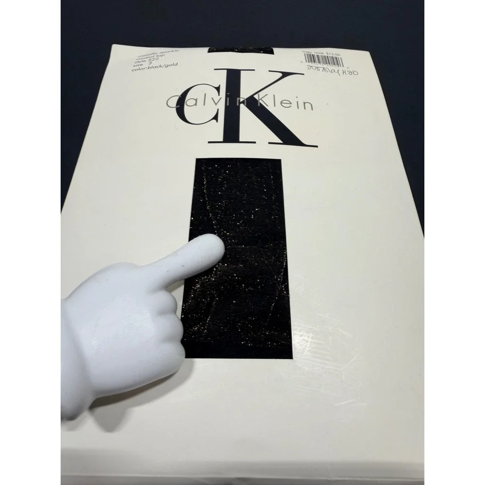 Calvin Klein Metallic Sparkle Control Top Tights Black Gold Style 522 Size 3 VTG